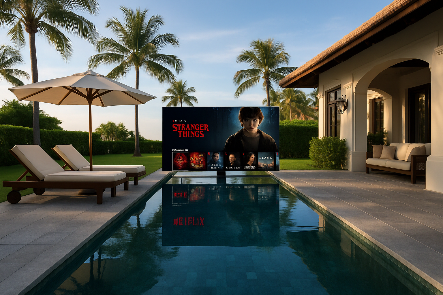 Cinéma extérieur avec Stranger Things au bord de la piscine dans un jardin tropical