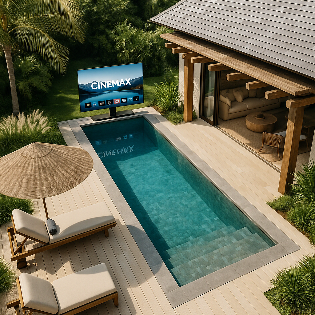 Vue aérienne de piscine et terrasse bois avec écran CINEMAX