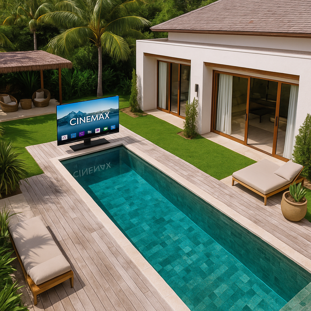 Terrasse moderne et jardin avec écran CINEMAX installé près de la piscine