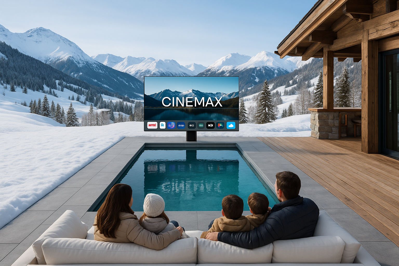Cinéma extérieur en famille, montagne enneigée devant un écran CINEMAX et piscine