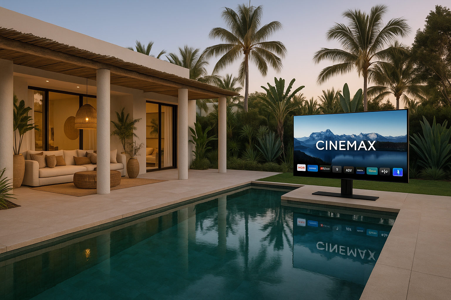 Jardin avec terrasse, canapé et écran CINEMAX devant la piscine entourée de palmiers
