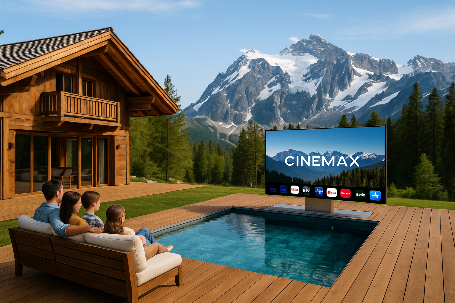 Famille devant écran CINEMAX extérieur avec vue majestueuse sur la montagne et chalet