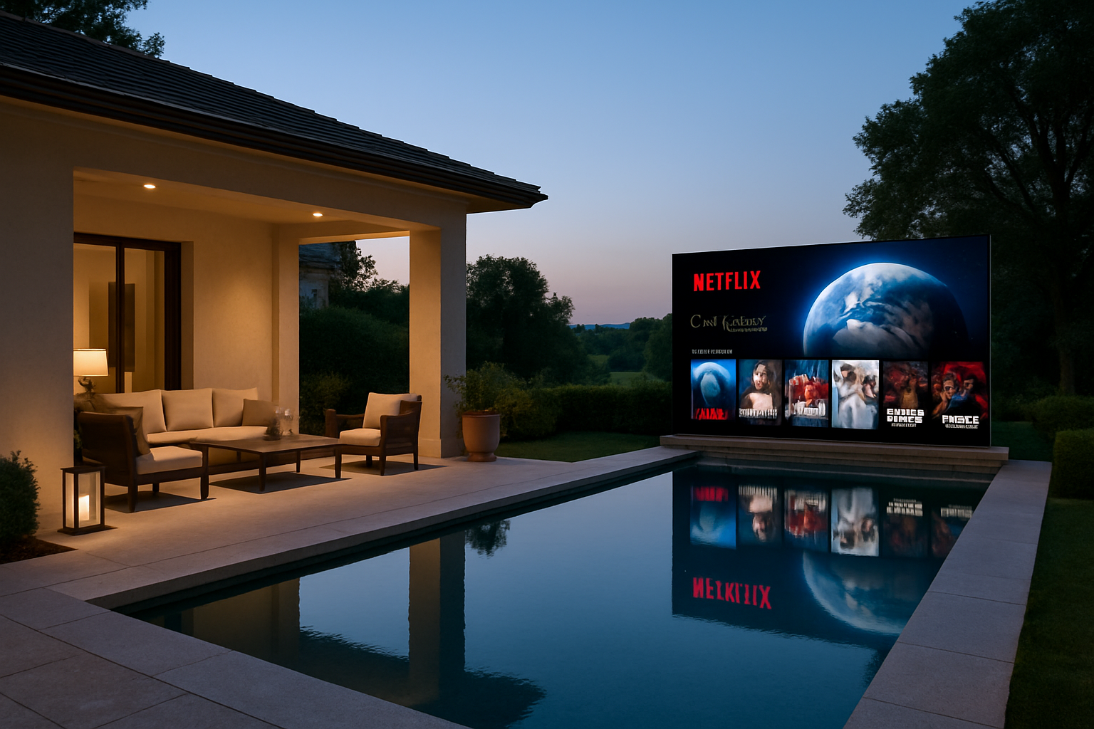 Soirée cinéma extérieur au bord de la piscine avec écran Netflix
