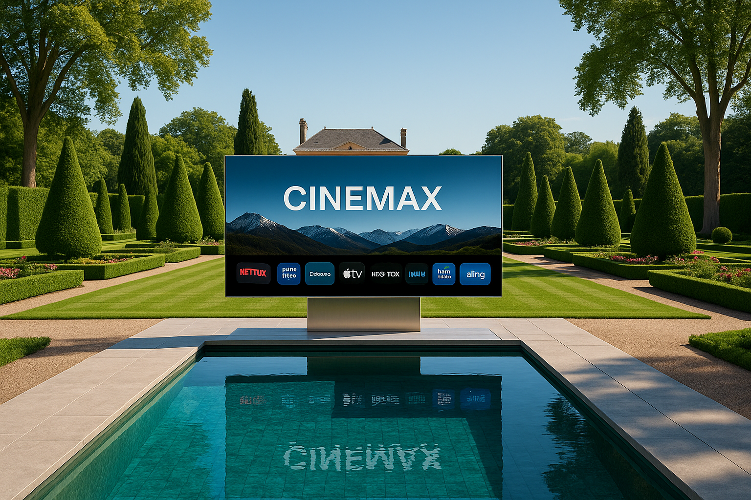 Espace CINEMAX haut de gamme, écran motorisé CINEMAX installé dans un jardin paysager élégant, avec piscine en premier plan